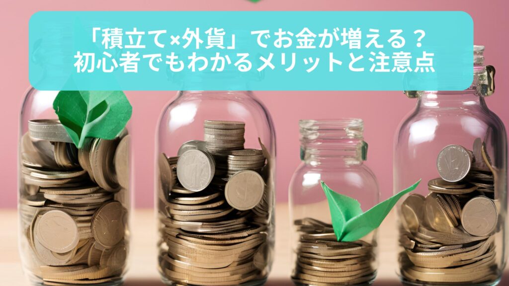 「積立て×外貨」でお金を増やす初心者向けのメリットと注意点を解説する記事のイメージ画像。硬貨が詰まった3つのガラス瓶が並び、成長の象徴として緑の折り鶴が飾られています。