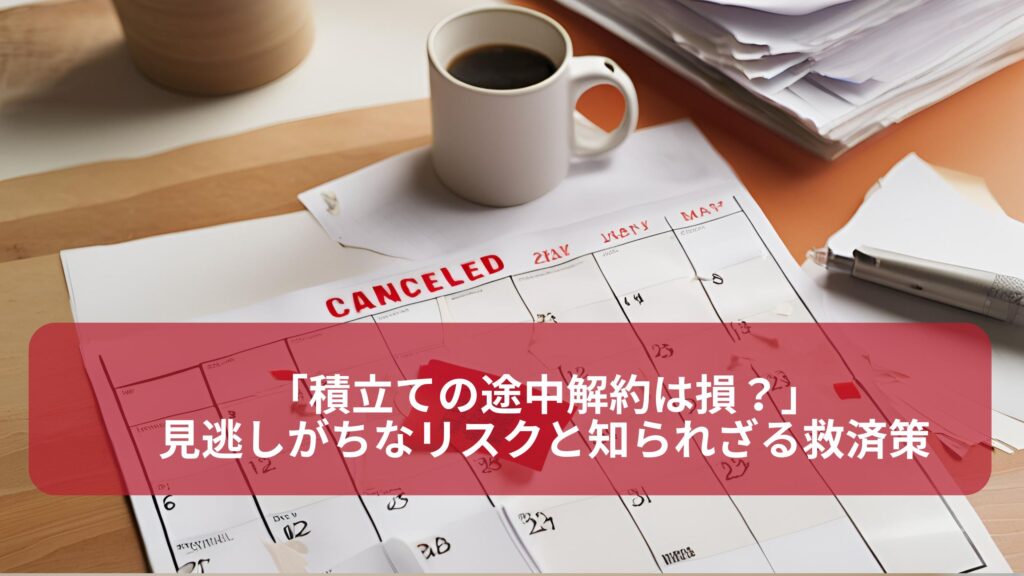 積立ての途中解約に関するリスクと救済策の解説。積立て資産の元本割れリスクや解約手数料の注意点が図解された画像。