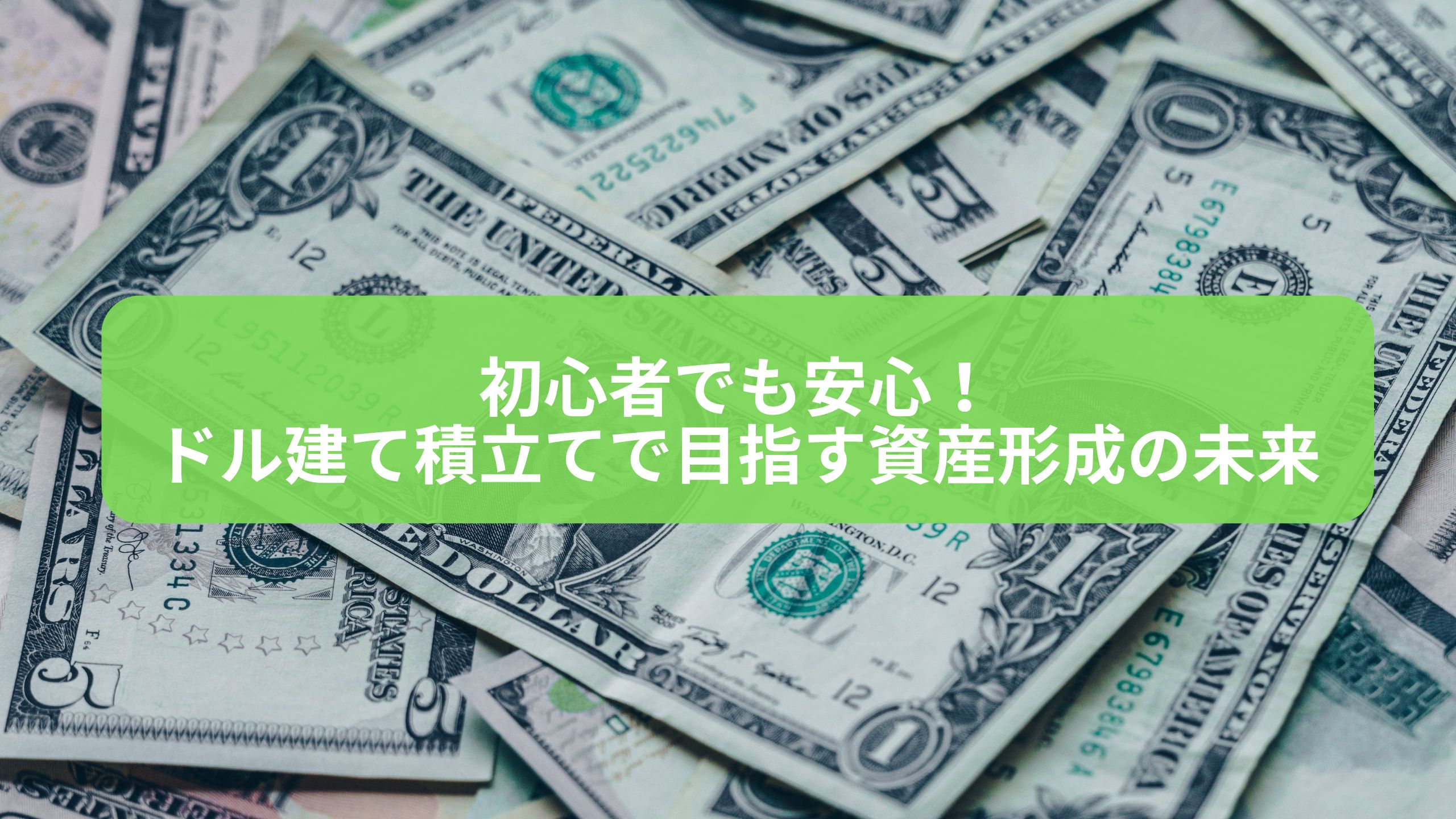 積立て　ドル建てで資産を守る方法を解説する画像。初心者でも安心して学べる資産形成のポイントを紹介。