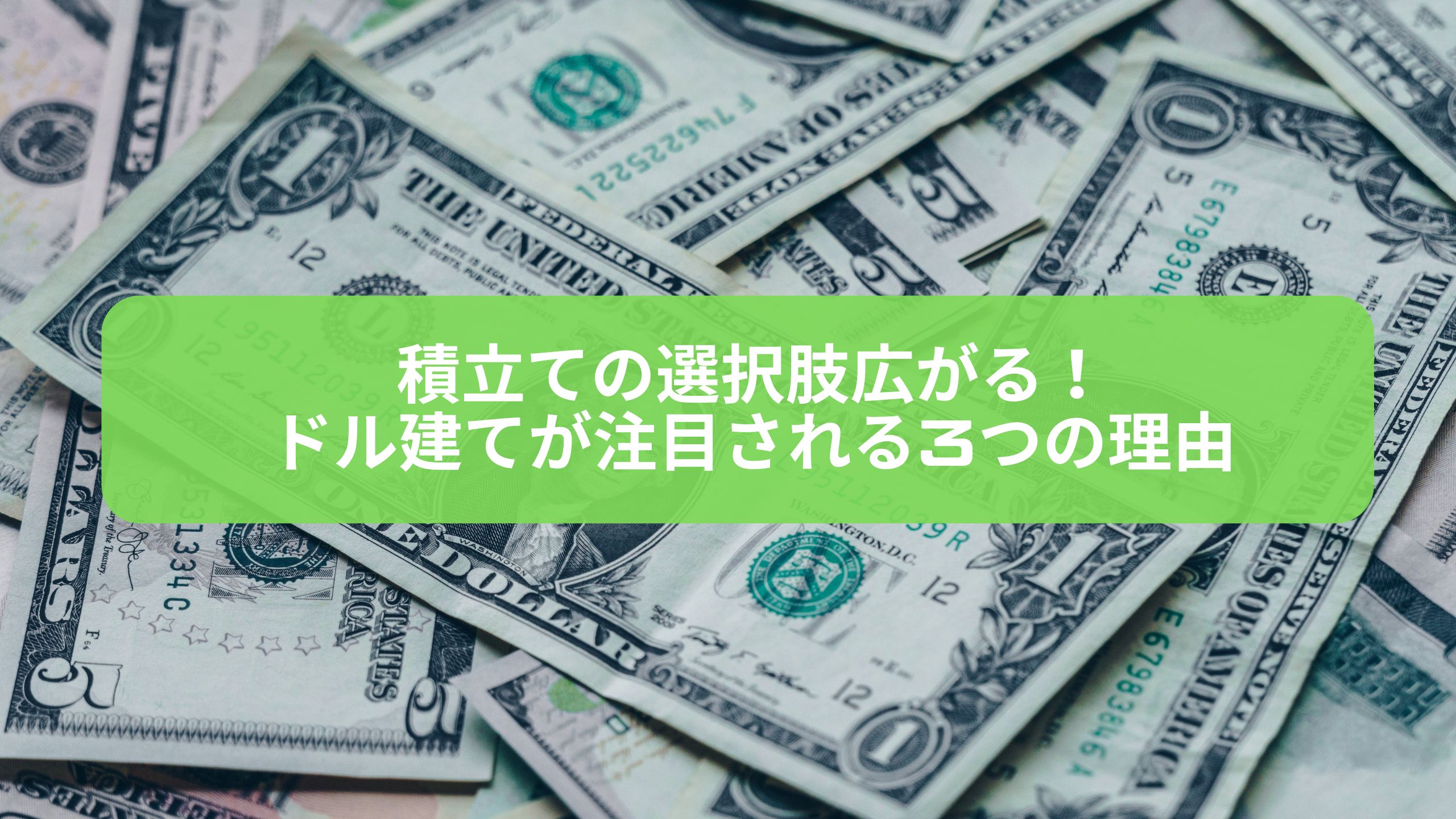 積立ての選択肢が広がるドル建ての魅力と注目される理由を解説する画像。複数の米ドル紙幣が背景に広がっている。